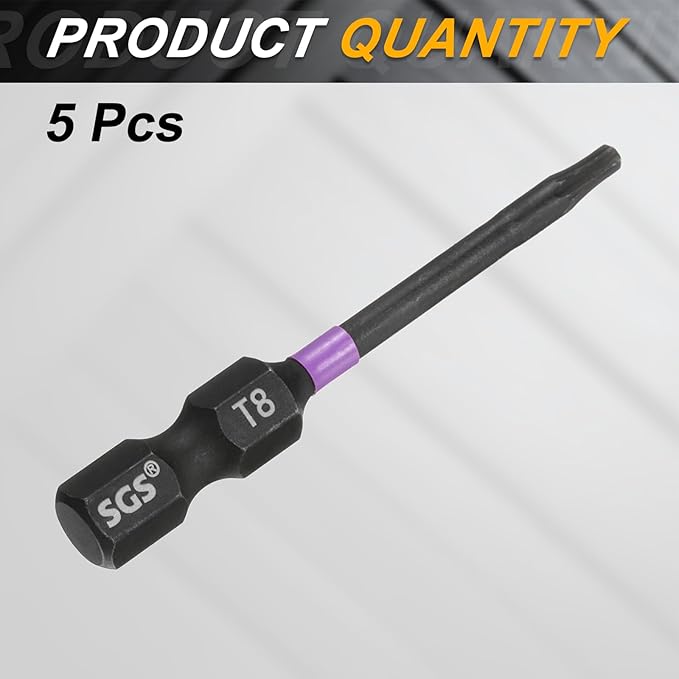 HARFINGTON 5pcs T8 Torx Head Impact Screwdriver Bits 1/4" Hex Shank 2" (50mm) Long Magnetic No Hole Tamper Proof 6 Point Star Screw Driver Drill Bits Phosphate S2 Steel Power Tools