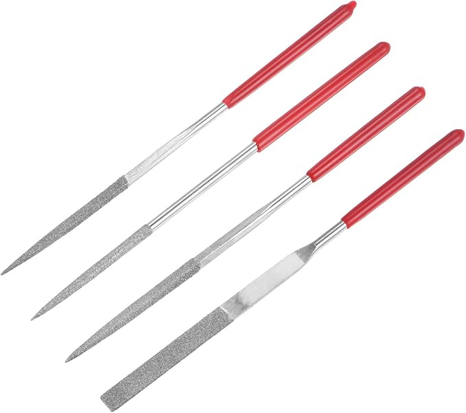 uxcell 4pcs Mini Diamond Needle File Set 120 Grits Small Metal Files Round Flat Triangular Square File Hand Tools for Glass Wood Stone