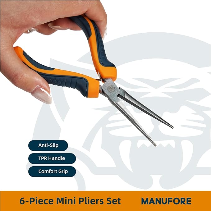 MANUFORE 6-Piece Mini Pliers Set ??Needle Nose, Long Nose, Diagonal, Flat Nose, End Cutting & Linesman Pliers for Precision DIY, Electronics Repair, Jewelry Making & Crafting