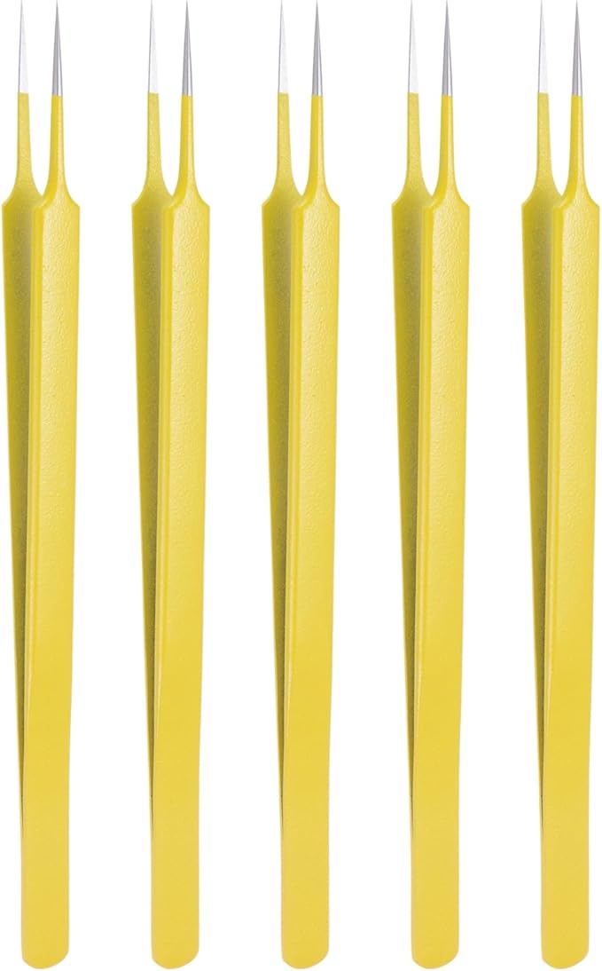 HARFINGTON 5pcs Stainless Steel Precision Tweezers 6.3 Inch Long Handle Pointed Tip Tweezers Multi Purpose for Craft Industrial Work Laboratory Use, Yellow
