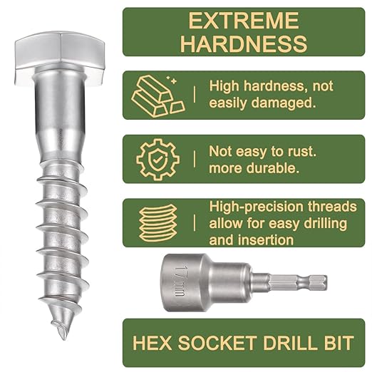 20 Pcs M10x2 Inch Lag Screw Kit with Washers Hex Head Lag Screws for Indoor 304 Stainless Steel 18-8 Medium Sized Wood Structure Fastening Reinforcement