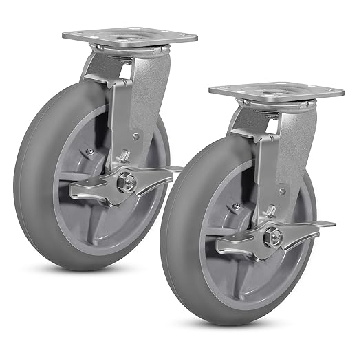 8"x 2" Heavy Duty Caster, Thermoplastic Rubber Casters(Crown Tread)- 700 Lbs Per Casters, Plate Caster for Furniture Platform Trucks Workbench(2 Pack Brake)