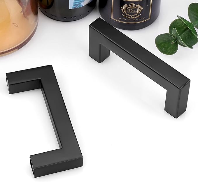 Probrico (5 Pack) Flat Black Square Cabinet Pulls 3 Inch Hole Center Drawer Handles for Cupboard Dresser Stainless Steel Kitchen Cabinet Hardware