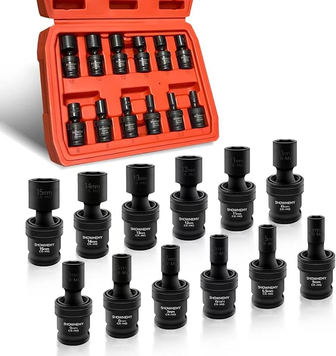 Drive Impact Universal Joint Socket Set, 6 Points, Shallow Swivel Socket Set, Cr-Mo Steel. Heavy Duty Storage Case (Metric 1/4", Metric 1/4")