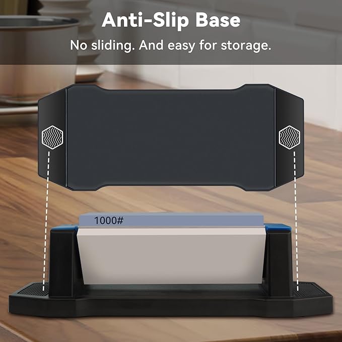 Knife Sharpening Stone, 3 Sides Grit 400/1000/5000, Whetstone Knife Sharpener with Non-Slip Base, Angle Guide & Leather Strop, for Kitchen Knives and Pocket Knives and More