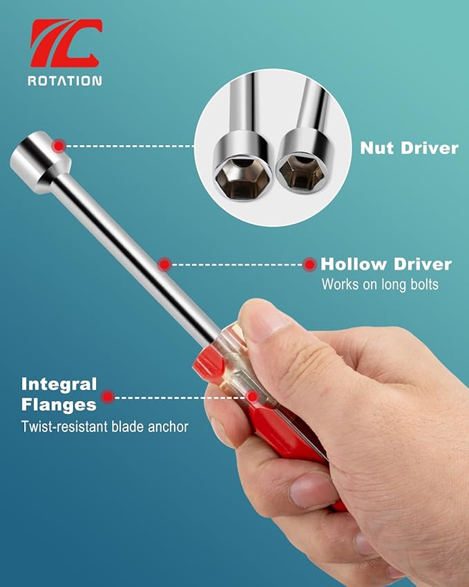 ROTATION 7pc Nut Driver Set 5/16" to 1/4" - Chrome Vanadium Steel, Comfort Grip for Automotive & Electrical Repair