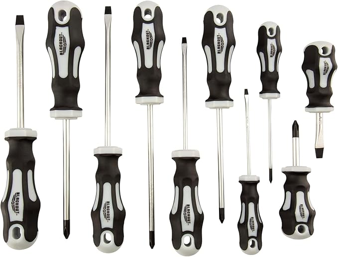 Blackout XP 10-Piece Slotted & Phillips Screwdriver Set Plus Zippered Carrying Bag | Precision Magnetic Screwdriver Tool Set, Black (10 Piece)
