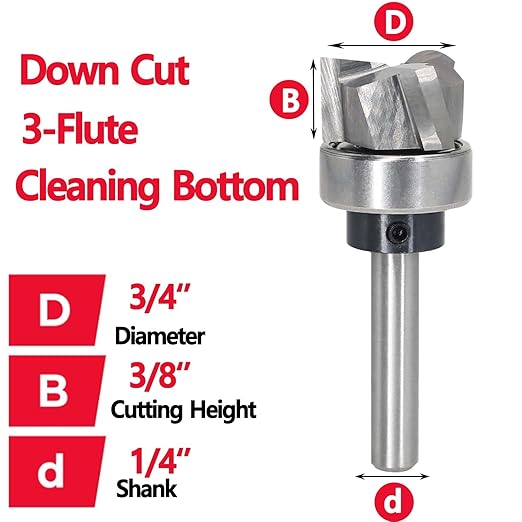 Spiral Flush Trim Router Bit 1/4 Shank, Carbide Head 3-Flute, 3/4" Diameter, 3/8" Cutting Length, Pattern Template Flush Trim Router Bit, for Grooves, Bottom Cleaning, Wood Trimming