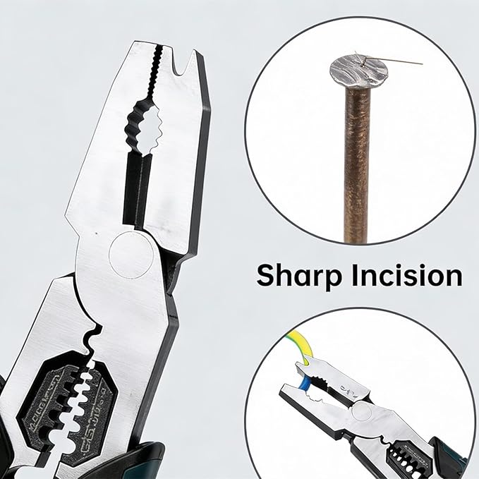 Industrial-Grade Multi-function Cutting Pliers, 9-in-1 Multi-Functional Pliers Nail Puller/Wire Cutter/Stripper/Crimper, Compound Action Leverage Design Industrial CR-V Plier, Tool for Home Repair