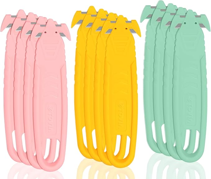 Safety Box Cutter, T TOVIA SK2 Stainless Steel Concealed Blade Package Opener with Tape Splitter for Cartons, Cardboard, Wrap, Straps, Film (12 Pieces - Assorted Colors)