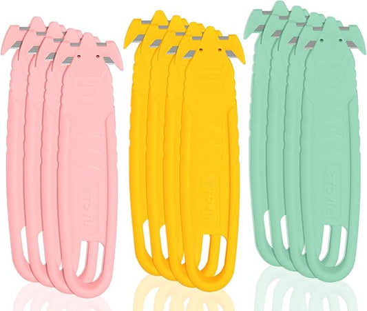 Safety Box Cutter, T TOVIA SK2 Stainless Steel Concealed Blade Package Opener with Tape Splitter for Cartons, Cardboard, Wrap, Straps, Film (12 Pieces - Assorted Colors)