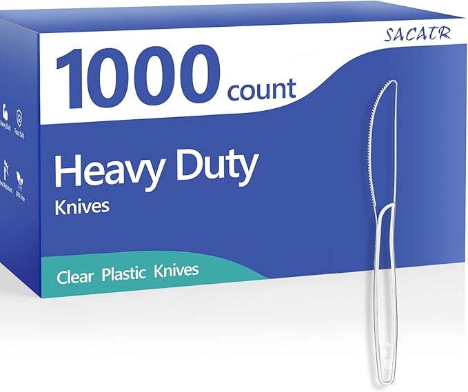 SACATR 1000 Count Heavy Duty Plastic Knives Disposable, BPA-Free Clear Plastic Knives Bulk ??Extra Thick, Heat Resistant, for Catering, Parties, Events