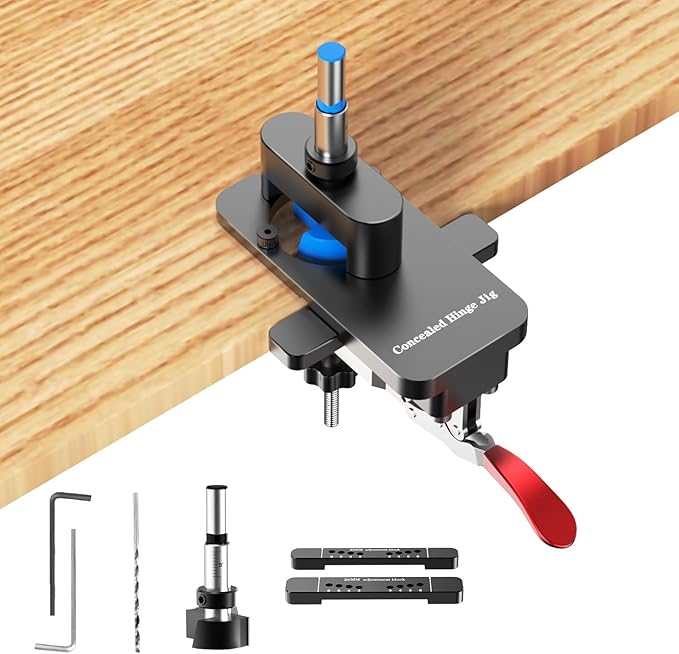 Concealed Hinge Jig with Quick Clamp, 35mm & 26mm Drill Bits Set, Aluminum Cabinet Door Hole Locator Tool with Depth Stop, Adjustable for 15-30mm Thickness Woodworking