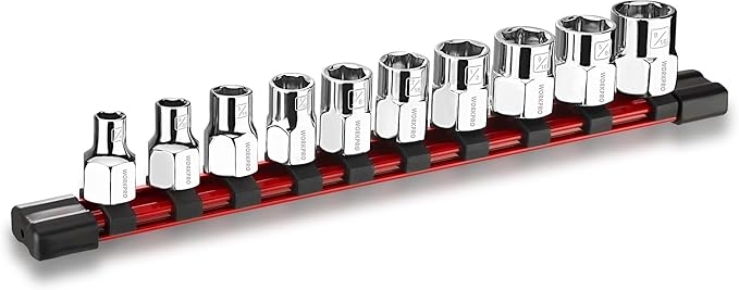 WORKPRO 3/8" Drive Socket Set, 10-Piece SAE CR-V Socket Set with Sturdy Socket Organizer, 6-Point Standard & Shallow Sockets 1/4" to 11/16", External Hex Socket Set with Socket Rail for Anti Rolling