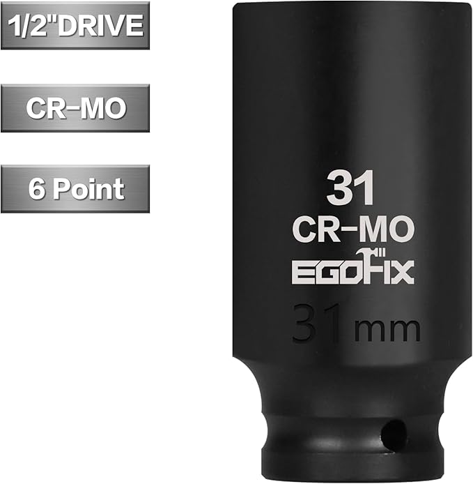 31mm Socket 1/2" Drive Deep Impact Metric Socket,CR-MO 6 Point for Easy Removal of Axle Nut