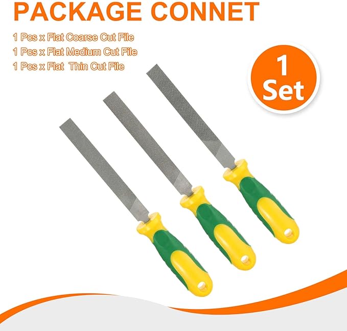 HARFINGTON 3pcs Flat Cut File 4" Double Cut Teeth High Carbon Steel Hand Rasp File with Plastic Handle for Metal Wood Deburring Removing