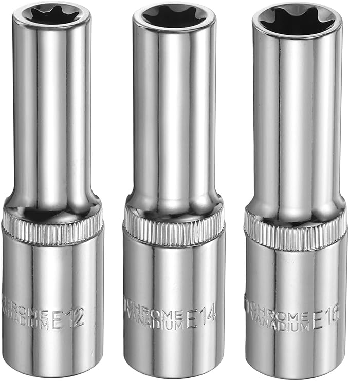 HARFINGTON 3pcs E-Torx Socket 1/2" Drive E12-E16 Star Female Socket 3.1" Length External Torx Deep Sleeve Chrome Plating 6 Point Spline Sleeve for Auto Repairs Home Maintenance
