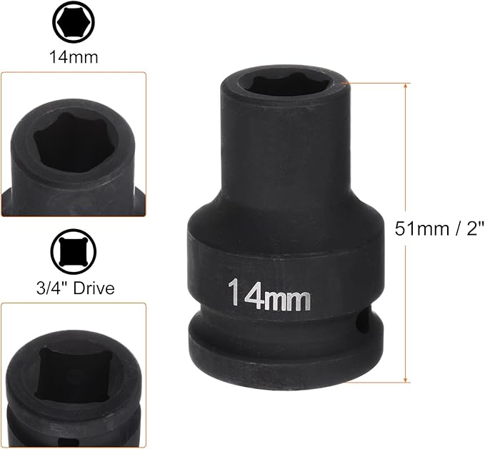 HARFINGTON 6-Point Impact Socket 3/4" Drive 14mm Metric 40Cr Alloy Steel Spindle Axle Nut Impact Socket