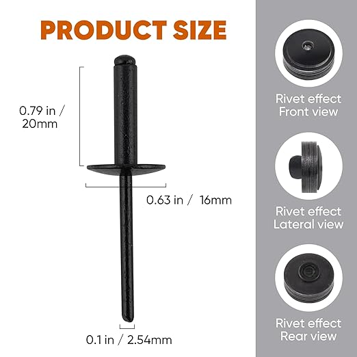 ALLCLEAN 90pcs All Black Large Flange Rivets,3/16 * 3/4" Open End Aluminum Blind Rivets,4.8 * 20 Pop Blind Rivet