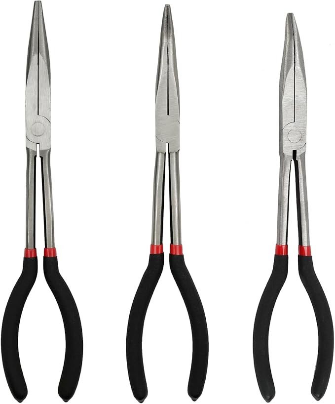 3-Piece 11" Precision Long Nose Pliers Set with Insulated Comfort Grip Handles,Straight Long Needle Nose Pliers,25/45 Degree Angle Curved Pliers for Wire Bending,Shaping,Trimming