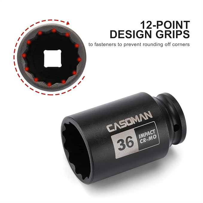 CASOMAN 1/2" Drive x 36 mm Deep 12 PT Impact Socket, CR-MO, 1/2-inch Drive 12 Point Axle Nut Socket for Easy Removal of Axle Shaft Nuts (36MM)