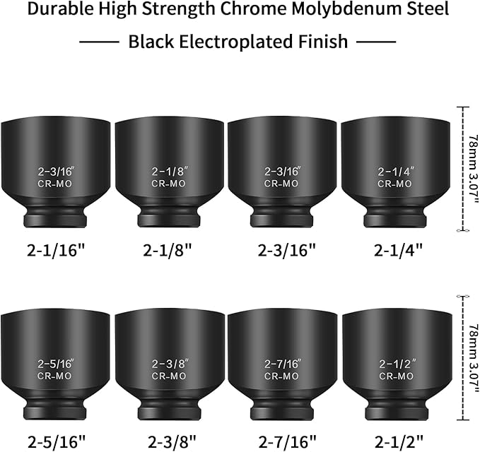 3/4 Inch Drive Impact Jumbo Socket Set,6-Point,SAE(2-1/16" to 2-1/2"),8 Pcs,Cr-MO Steel,With a Storage Case