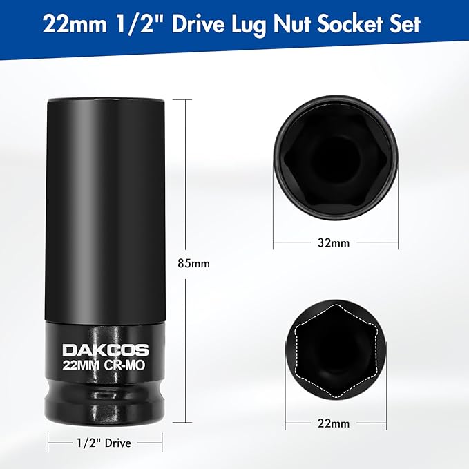 22mm Impact Lug Nut Socket, 1/2 inch Drive, With Protective Sleeves,CR-MO