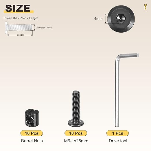 METALLIXITY Furniture Crib Screws Replacement Set with Wrench(M6-1x25mm) 20Pcs, Connector Bolt M6 Screw Barrel Nuts Binding Screws, for Chair Cabinet Bed, Black