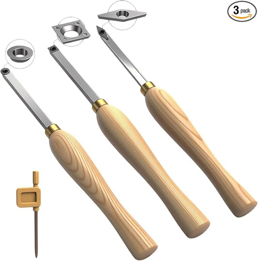 Carbide Wood Lathe Turning Tools Set - Rougher, Detailer, Finisher with Comfort Wood Handle | Replaceable Diamond, Round and Square Inserts, for Pen Knobs Small Bowls and Goblets Projects, 3PCS