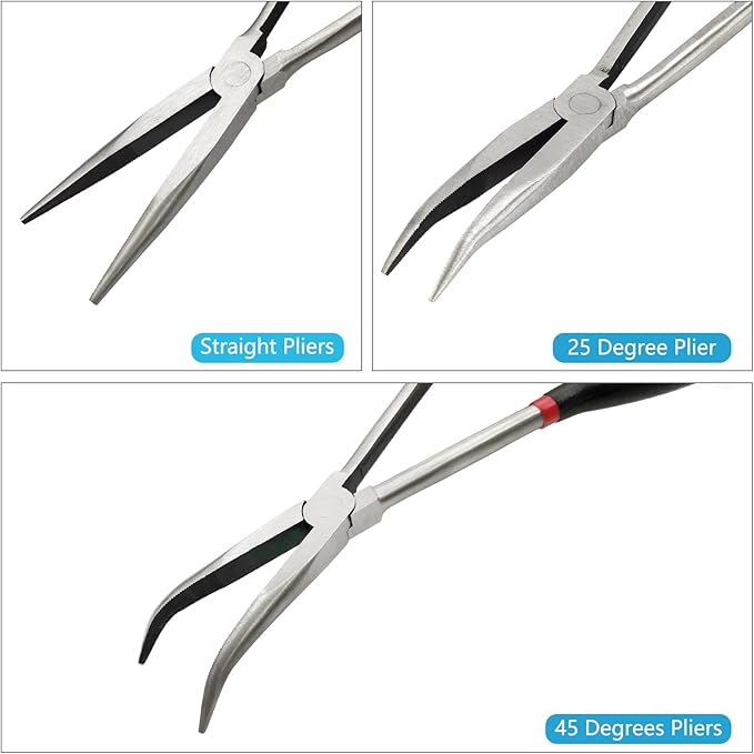 3-Piece 11" Precision Long Nose Pliers Set with Insulated Comfort Grip Handles,Straight Long Needle Nose Pliers,25/45 Degree Angle Curved Pliers for Wire Bending,Shaping,Trimming
