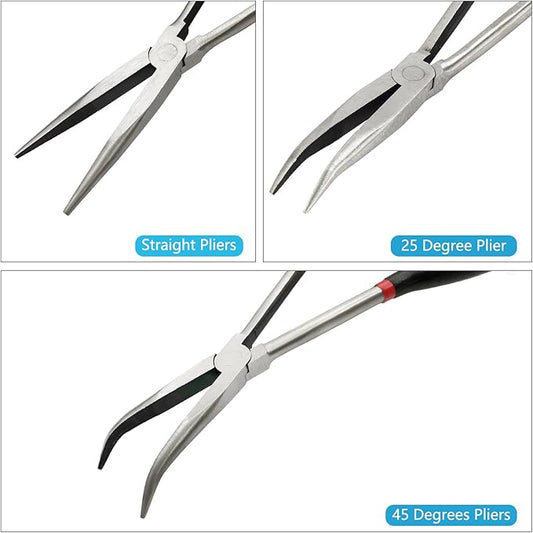 3-Piece 11" Precision Long Nose Pliers Set with Insulated Comfort Grip Handles,Straight Long Needle Nose Pliers,25/45 Degree Angle Curved Pliers for Wire Bending,Shaping,Trimming