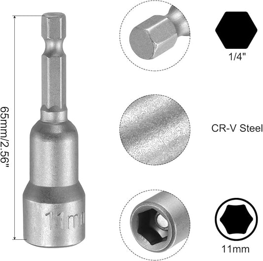 uxcell 11mm Magnetic Hex Socket 65mm/2.56", 1/4" Hex Shank Magnetic Power Nut Driver Set CR-V Quick-Release Extensions for Impact Drill Nut Setters Socket Wrench Screw, 2 Pcs