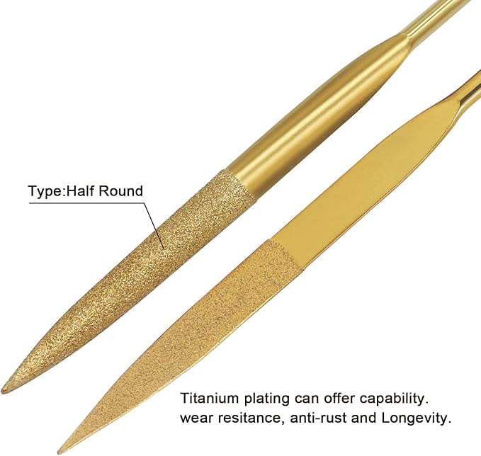 10 PCS Diamond Needle File (4mm x 160mm,150 Grit) Titanium Coated Mini Metal Files Half Round Files for Precision Metal File Work Miniature DIY Jewelers/Glass/Ceramic
