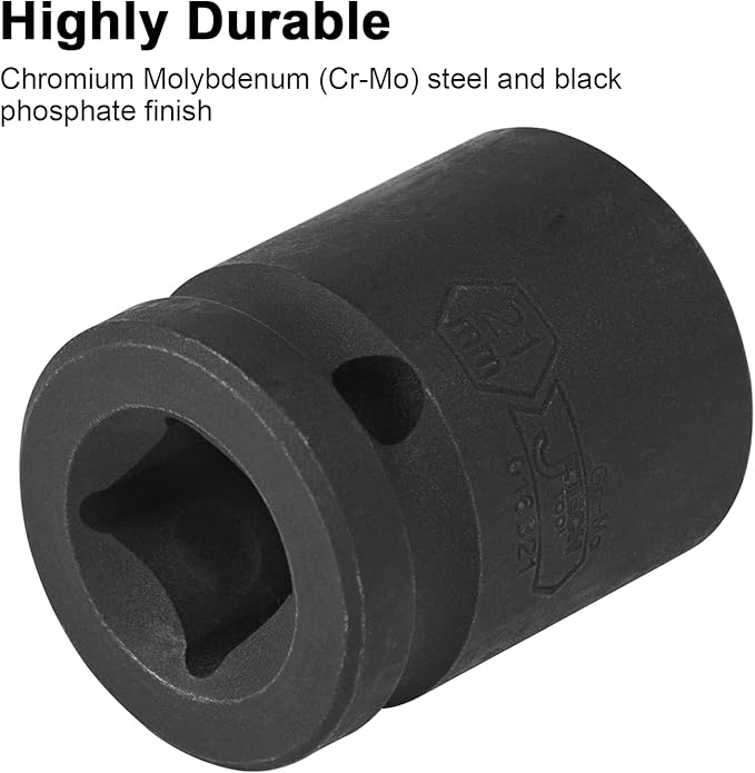 JETECH 1/2 Inch Drive 21mm Standard Impact Socket, Chrome Molybdenum Alloy Steel, 6-Point Design, Metric