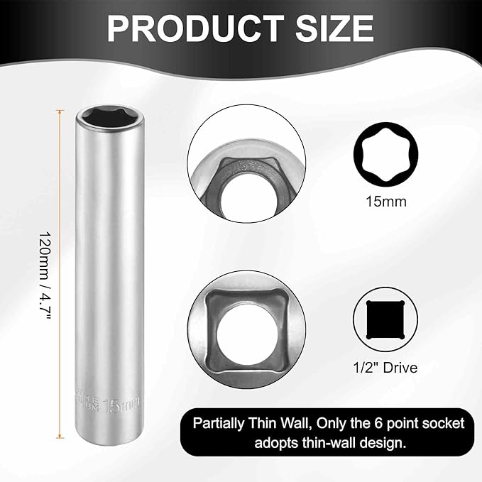 HARFINGTON 6 Points Deep Socket 1/2" Drive 15mm Deep Metric CR-V Steel Polished Nickel Plating Flip Sleeve 120mm / 4.7" Extra Long Socket Tool for Home Auto Nuts Bolts Repair