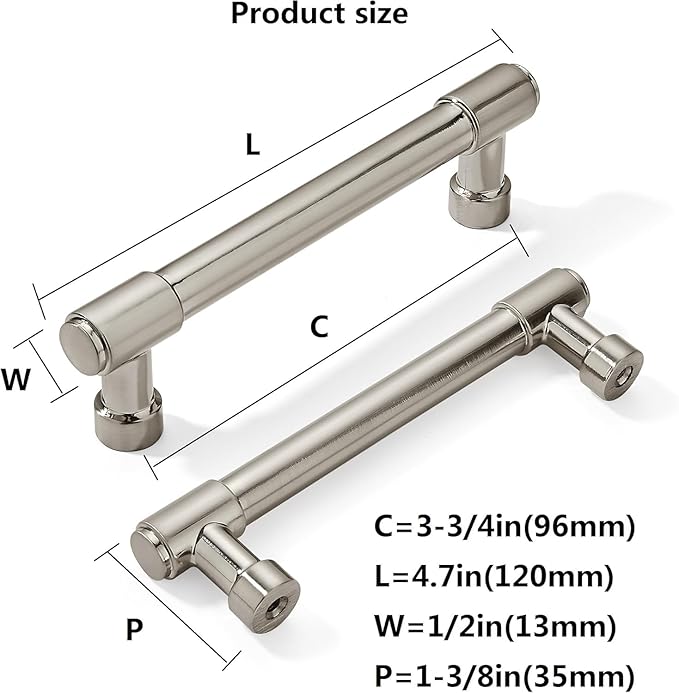 khtumeware 2 Pack Brushed Satin Nickel Cabinet Pulls 3-3/4 Inch Hole Center Solid Drawer Pulls Dresser Handles Cabinet Hardware