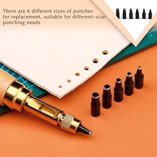 Adjustable Leather Hole Punch Automatic Screw Hole Punch Tool with Wood Color Wooden Handle Bookbinding Tool Leather Hole Punch with 6 Tips Size 1.5mm/2mm/2.5mm/3mm/3.5mm/4mm