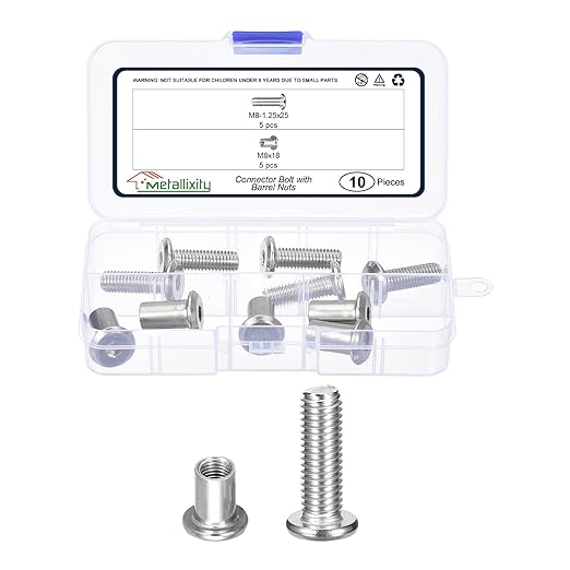 METALLIXITY Crib Screws Replacement Set(M8-1.25x25mm) 10Pcs, Steel Connector Bolts Screw Barrel Nuts Binding Screws, for Chair Cabinet Bed, Silver