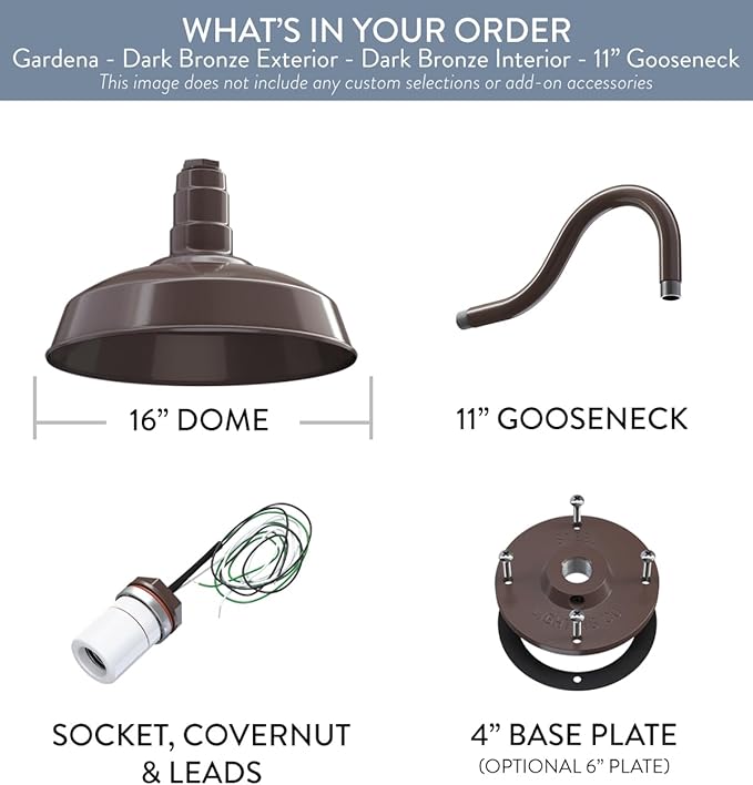 Steel Lighting Co. | Dusk to Dawn | Gardena Barn Light | Outdoor Wall Mounted | 16" Dome | 11" Gooseneck | Farmhouse Light Made in America | Dark Bronze/Dark Bronze
