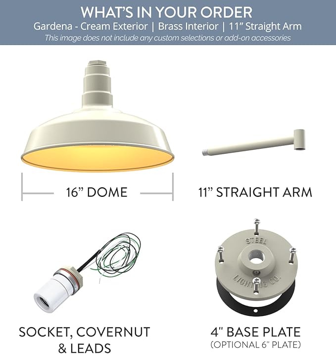 Steel Lighting Co. | Dusk to Dawn | Gardena Barn Light | Outdoor Wall Mounted | 16" Dome | 11" Straight Arm | Farmhouse Light Made in America | Cream/Brass