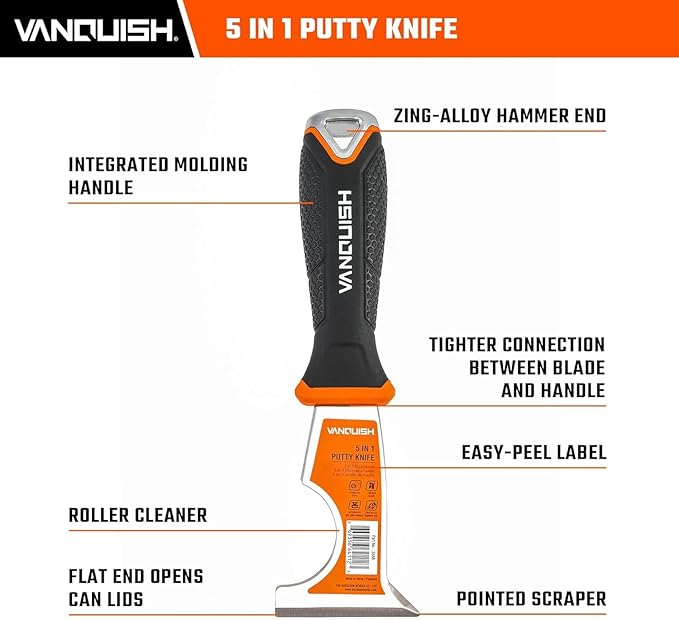 VANQUISH 5 In 1 Stainless Steel Putty Knife Paint Scraper with Soft Grip Handle and Metal Hammer End (3568)