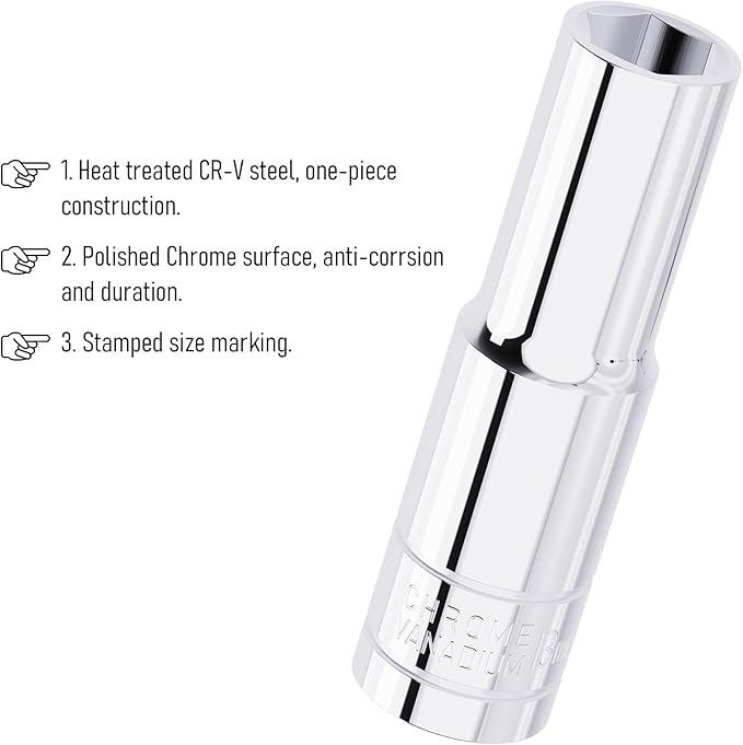 13mm Deep Socket, 1/2 Inch Drive, 6 Point, Metric, Heat Treated CR-V Steel Sockets, Full Polishing, 3.1 Inch Length(1 PC)