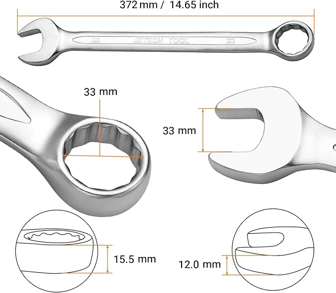 Jetech 33mm Combination Wrench - Industrial Grade, Chrome Vanadium Steel, Sand Blasted Finish, Precision Machined 12-Point Opening, Off-Corners Design, 15-Degree Offset