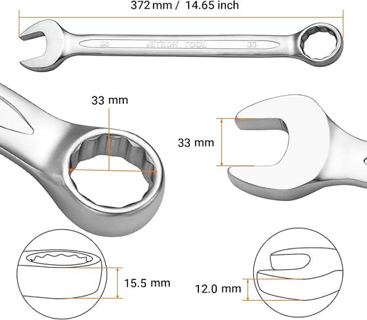 Jetech 33mm Combination Wrench - Industrial Grade, Chrome Vanadium Steel, Sand Blasted Finish, Precision Machined 12-Point Opening, Off-Corners Design, 15-Degree Offset