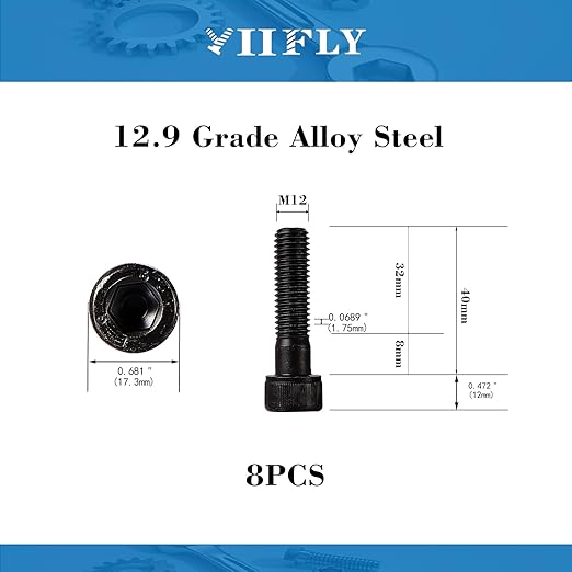YIIFLY M12-1.75 x 40mm Socket Head Cap Screws, M12x1.75 Bolt, 12.9 Grade Alloy Steel, Allen Socket Drive, Black Oxide Finish, Full Thread, Quantity 8,