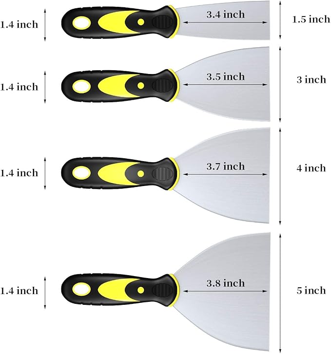 DEKEones Putty Knife Scrapers, Spackle Knife, Metal Scraper Tool for Drywall Finishing, Plaster Scraping, Decals, and Wallpaper (4 Pack, 5?? 4?? 3?? 1.5??Wide)
