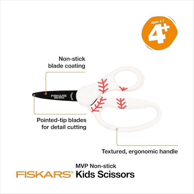 Fiskars 5" Pointed-Tip Scissors for Kids 4-7 with Non-Stick Blades (3-Pack) - Scissors for School or Crafting - Back to School Supplies - Sports Design