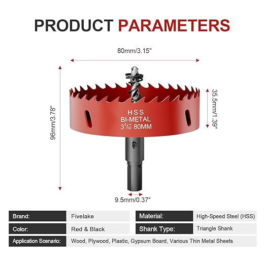 3-5/32" (80mm) Bi-Metal M42 High Speed Steel Hole Saw with Pilot Drill Bit, Smooth Cutting Edge for PVC, Drywall, Wood, Plastic, Gypsum Board, Rubber, Thin Metal