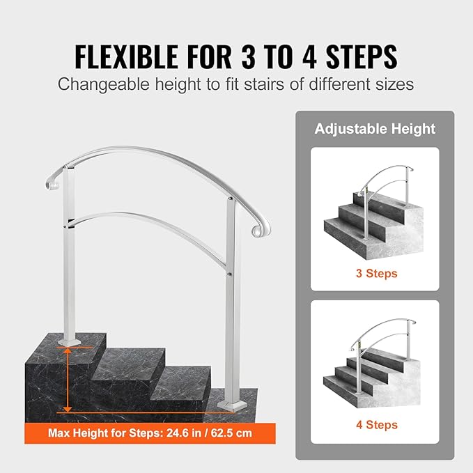 VEVOR Handrail for Outdoor Steps, 3-4 Steps White Arch#1, Adjustable Metal Staircase Railing, Thickened Stair Railings for Porch, Deck
