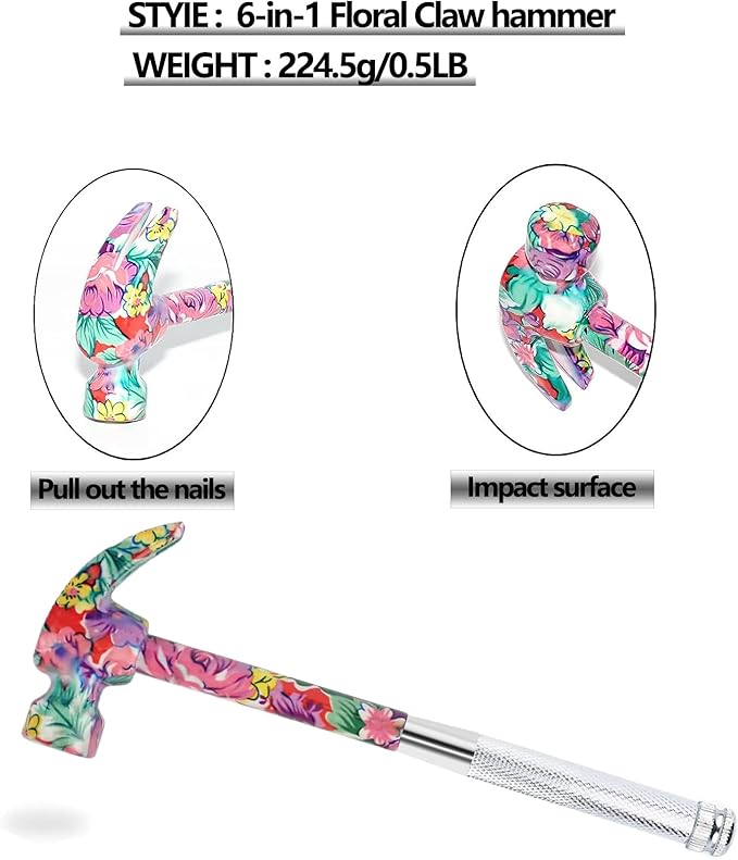 6-in-1 Multifunctional Metal Flower Hammer & Screwdriver Tool Set, Slotted/Flat Head Phillips Screwdriver Nail Puller with Non Slip Handle, Best Gift for Sweetheart (pink)